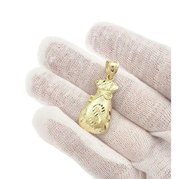 Money Bag Pendant 10k Yellow Gold Dollar Sign Charm 1.4" - Picture 2 of 4